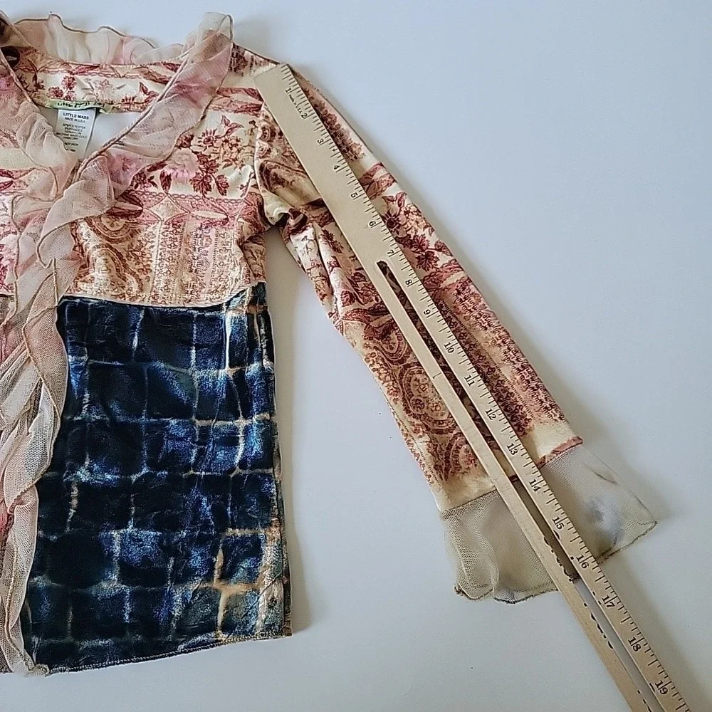 Little Mass Vintage Girls Medium Velour Top Mixed Block Print Ruffle Boho Hippie